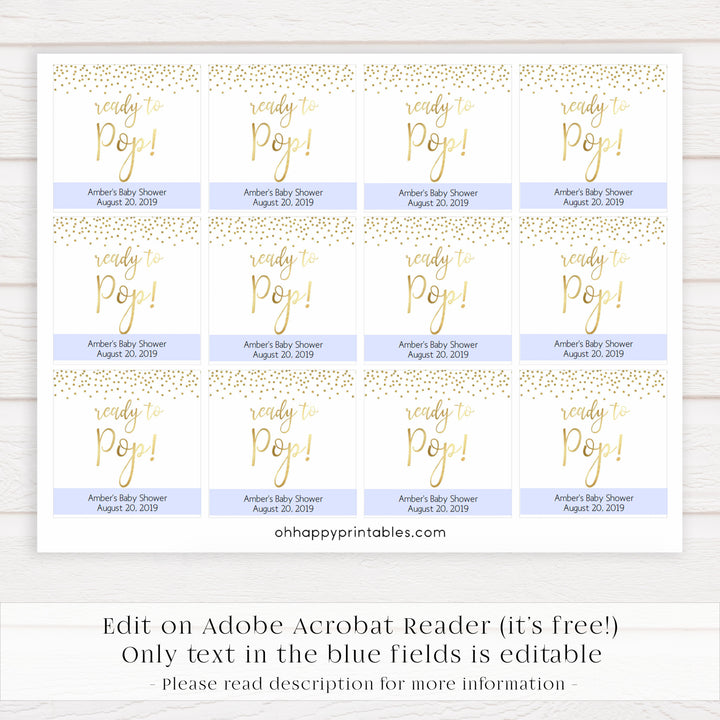gold glitter ready to pop tag, printable ready to pop tag, editable baby tags, printable baby decor, gold glitter baby shower