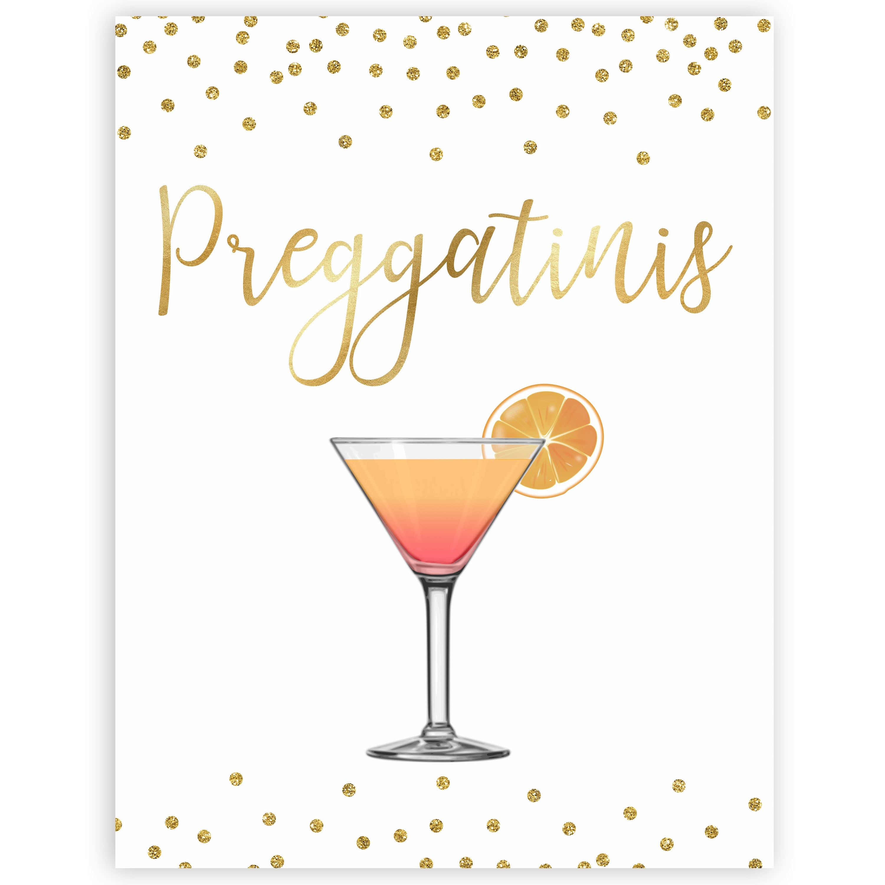 gold glitter baby signs, printable baby signs, preggatinis baby signs, drinks baby decor, gold baby decor, fun baby shower ideas