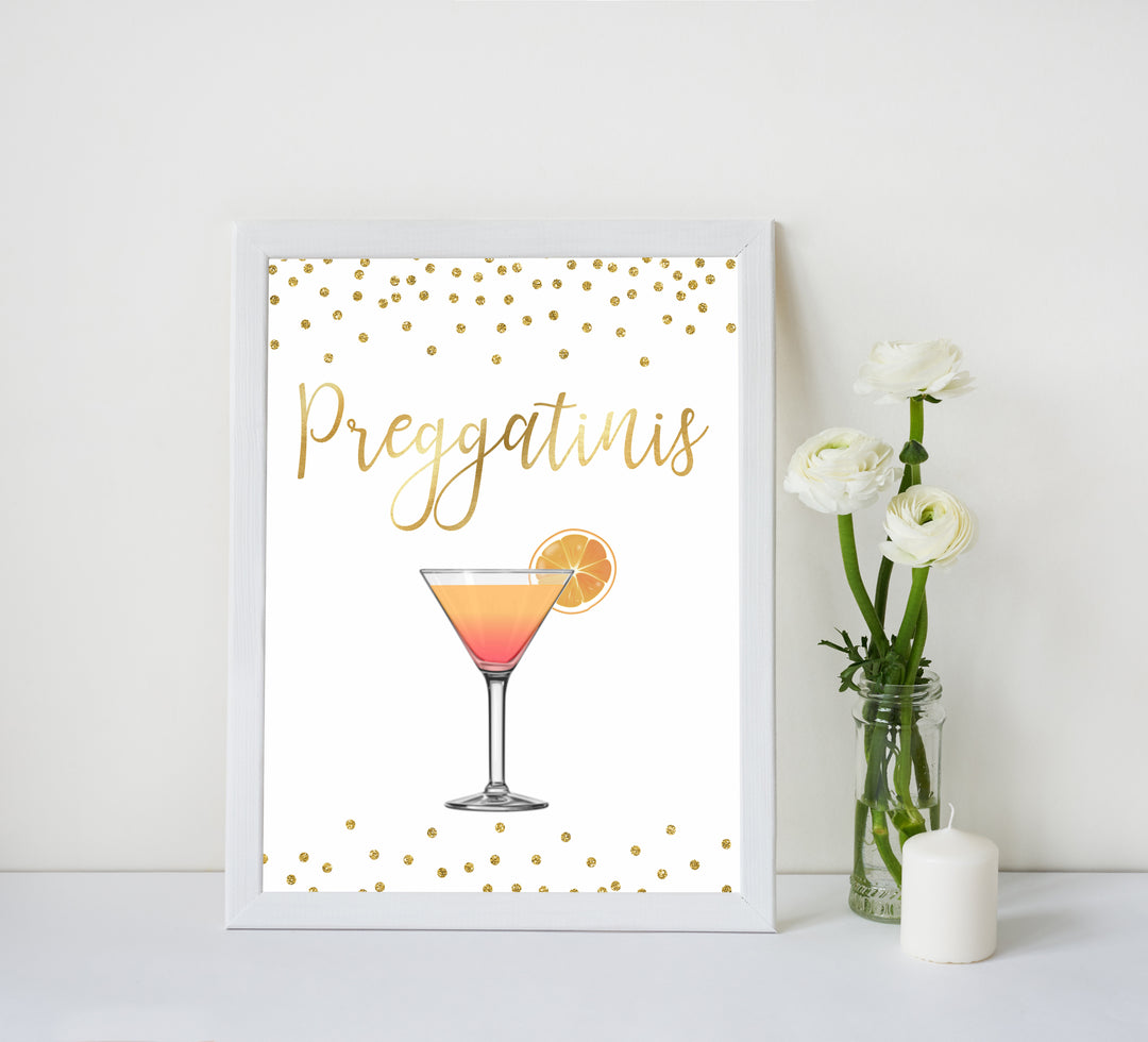gold glitter baby signs, printable baby signs, preggatinis baby signs, drinks baby decor, gold baby decor, fun baby shower ideas