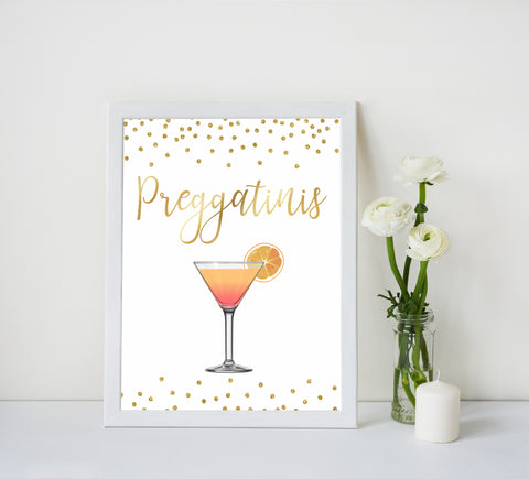 gold glitter baby signs, printable baby signs, preggatinis baby signs, drinks baby decor, gold baby decor, fun baby shower ideas