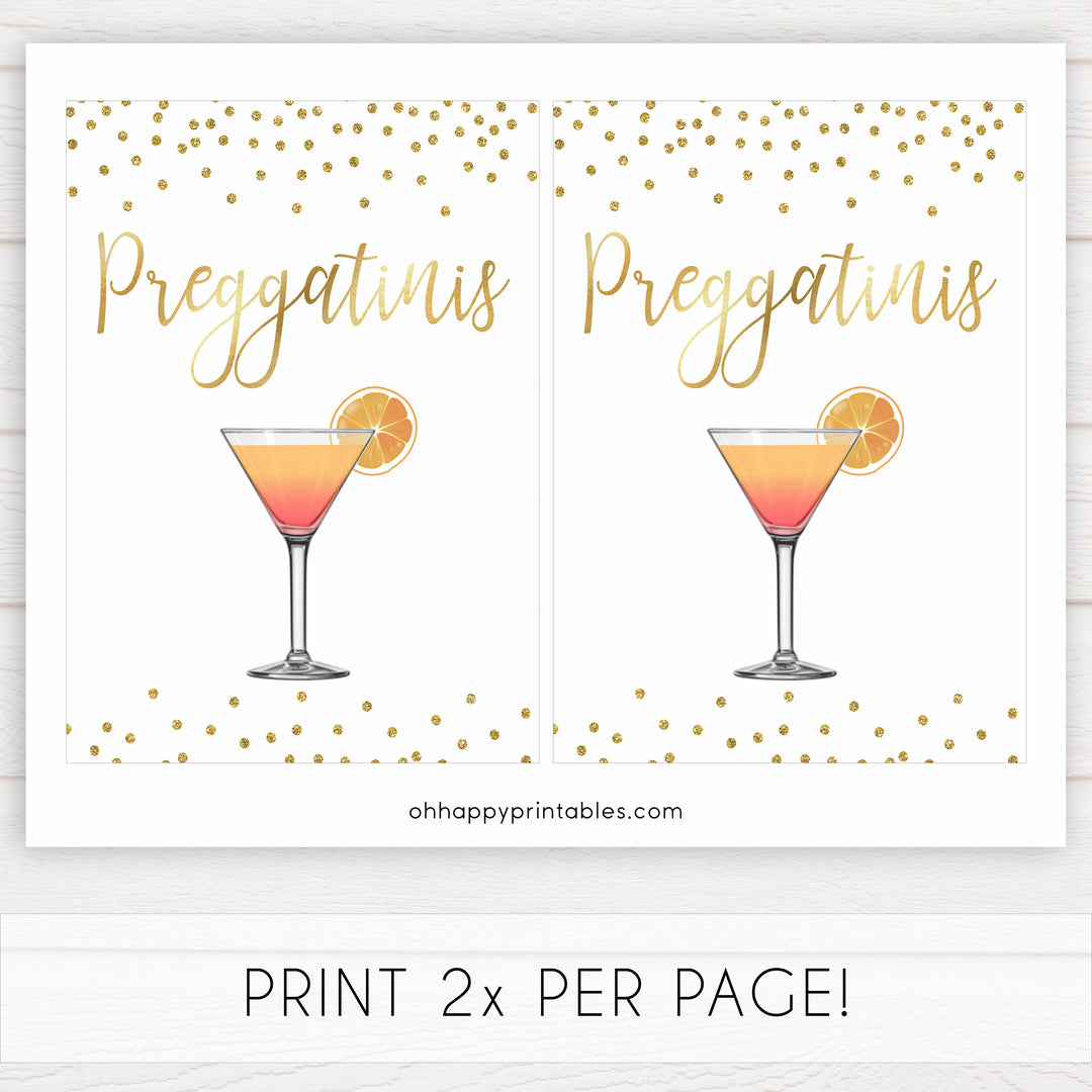 gold glitter baby signs, printable baby signs, preggatinis baby signs, drinks baby decor, gold baby decor, fun baby shower ideas