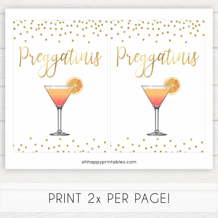 gold glitter baby signs, printable baby signs, preggatinis baby signs, drinks baby decor, gold baby decor, fun baby shower ideas