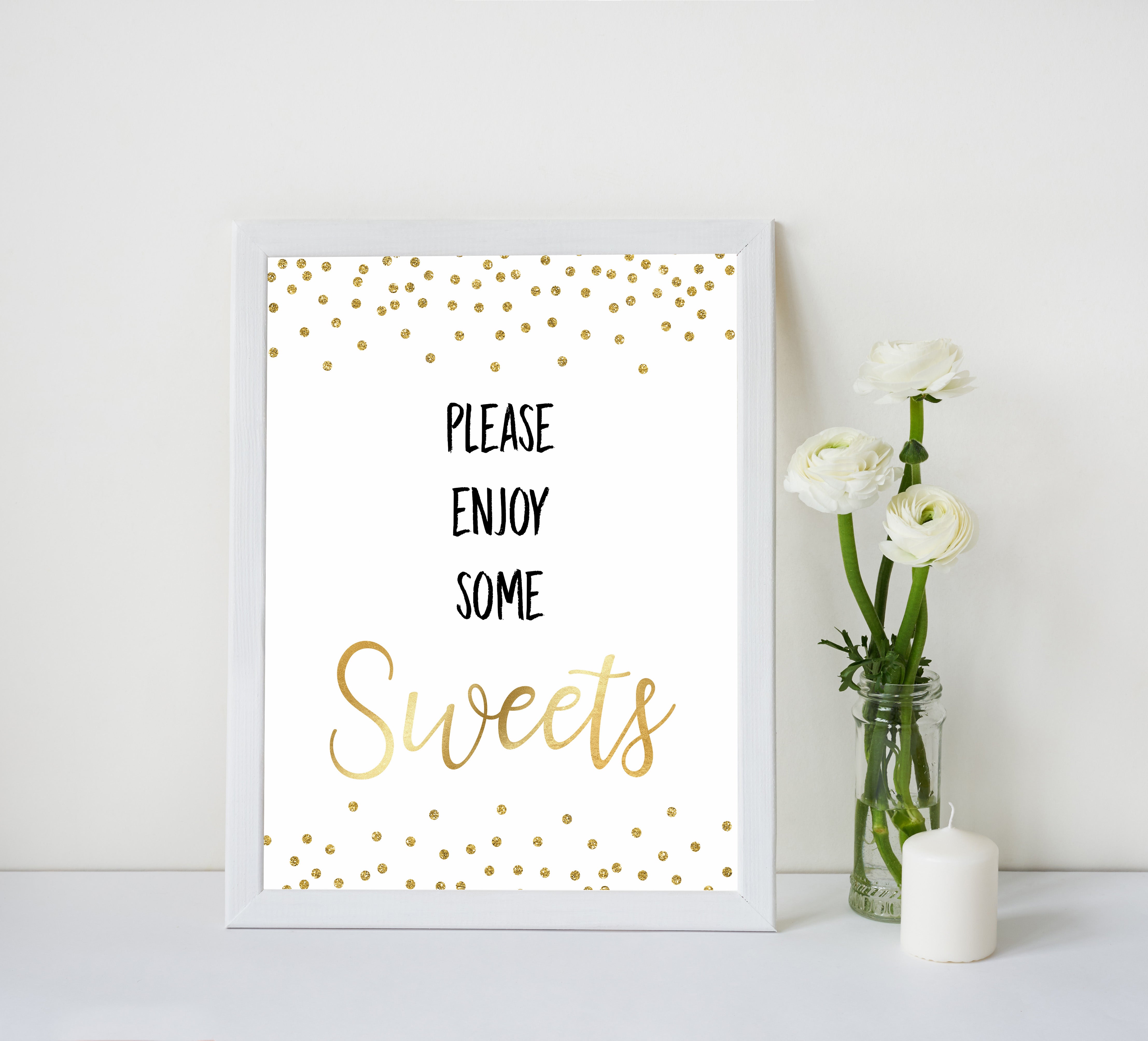 gold glitter baby signs, printable baby signs, sweets baby signs, drinks baby decor, gold baby decor, fun baby shower ideas