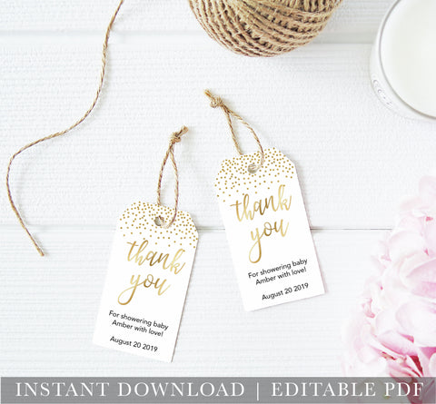 baby shower thank you tags, baby thank you tags, gold glitter baby tags, baby tags, gold baby thanks you tags, printable editable baby tags