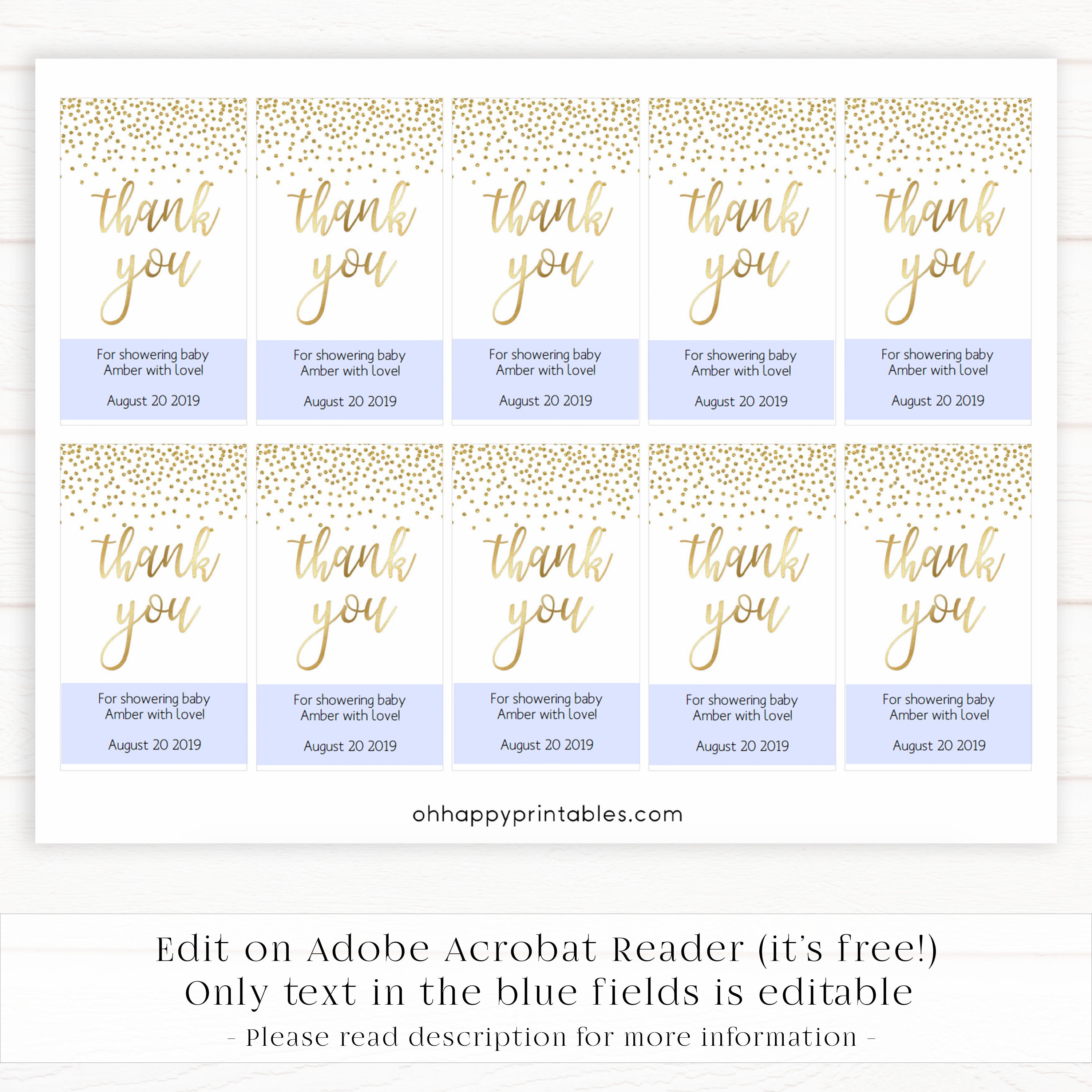 baby shower thank you tags, baby thank you tags, gold glitter baby tags, baby tags, gold baby thanks you tags, printable editable baby tags