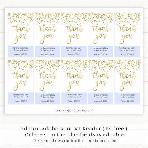 baby shower thank you tags, baby thank you tags, gold glitter baby tags, baby tags, gold baby thanks you tags, printable editable baby tags