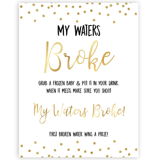 gold baby shower games, my waters broke games, printable baby games, fun baby games, popular baby games, baby shower games, gold baby games, print baby games, gold baby shower