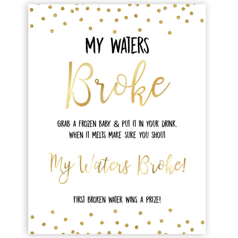 gold baby shower games, my waters broke games, printable baby games, fun baby games, popular baby games, baby shower games, gold baby games, print baby games, gold baby shower