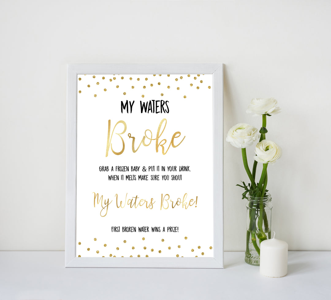 gold baby shower games, my waters broke games, printable baby games, fun baby games, popular baby games, baby shower games, gold baby games, print baby games, gold baby shower