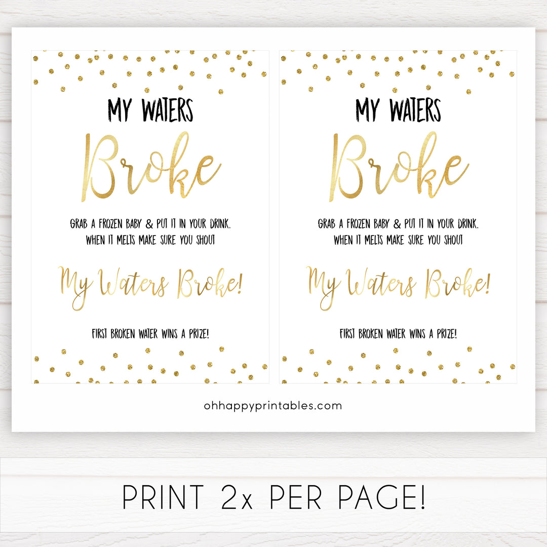 gold baby shower games, my waters broke games, printable baby games, fun baby games, popular baby games, baby shower games, gold baby games, print baby games, gold baby shower