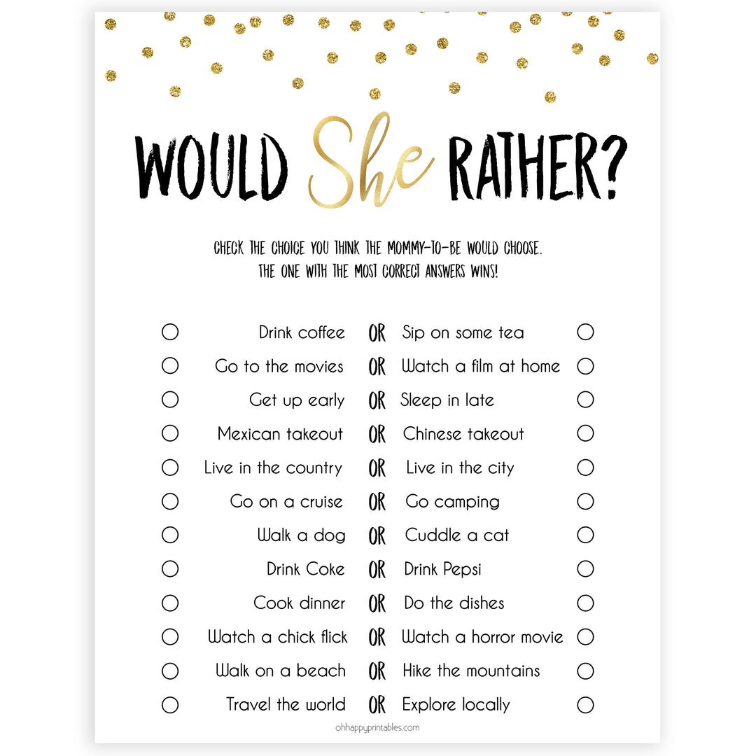 gold baby shower games, would she rather baby games, printable baby games, fun baby games, popular baby shower games