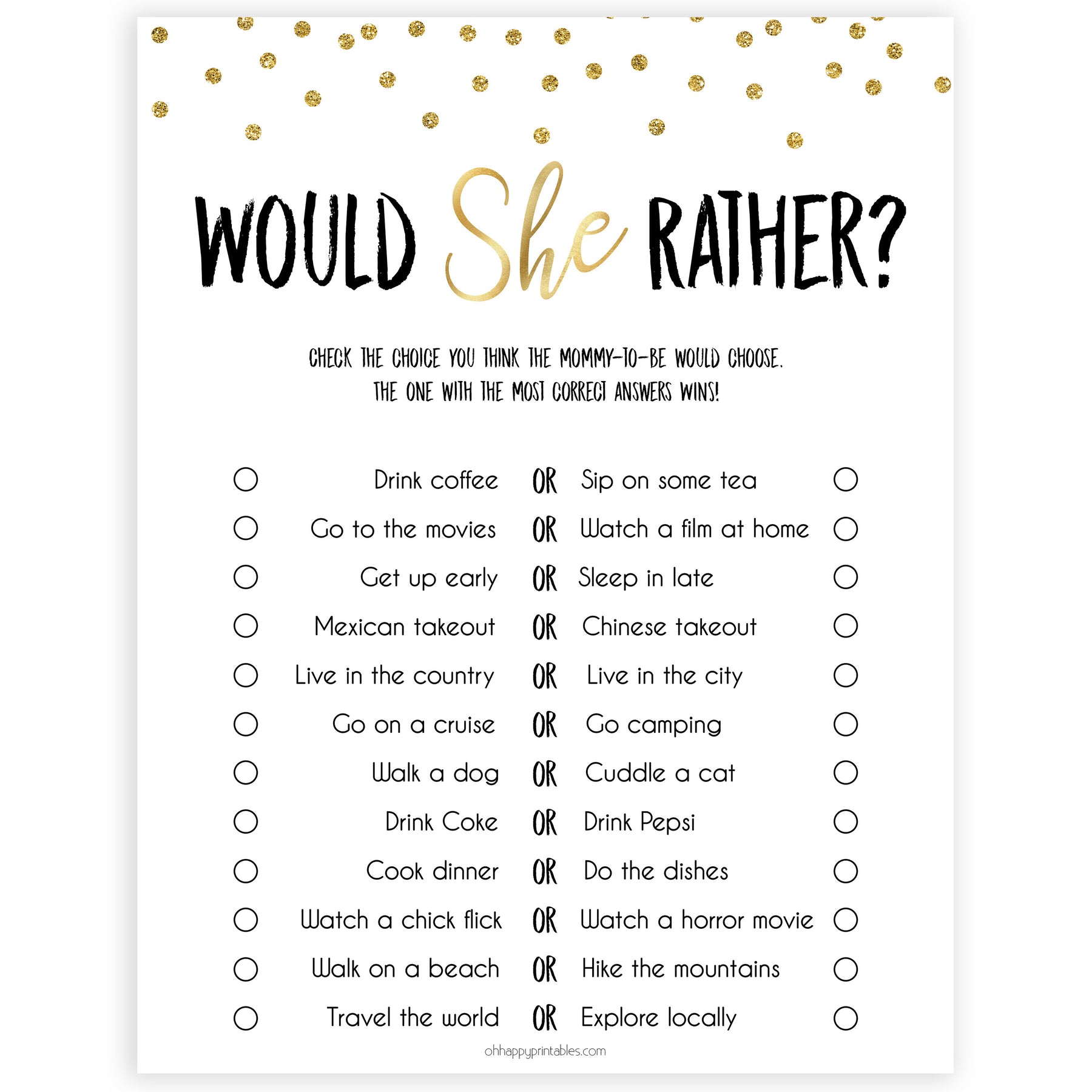 gold baby shower games, would she rather baby games, printable baby games, fun baby games, popular baby shower games