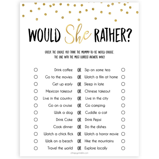 gold baby shower games, would she rather baby games, printable baby games, fun baby games, popular baby shower games