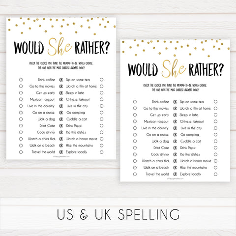 gold baby shower games, would she rather baby games, printable baby games, fun baby games, popular baby shower games