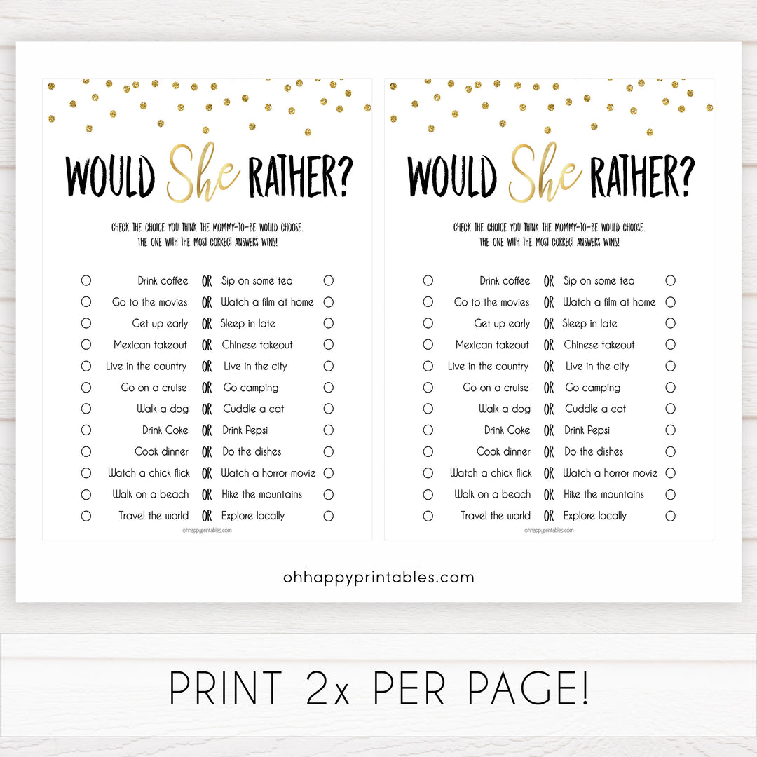 gold baby shower games, would she rather baby games, printable baby games, fun baby games, popular baby shower games