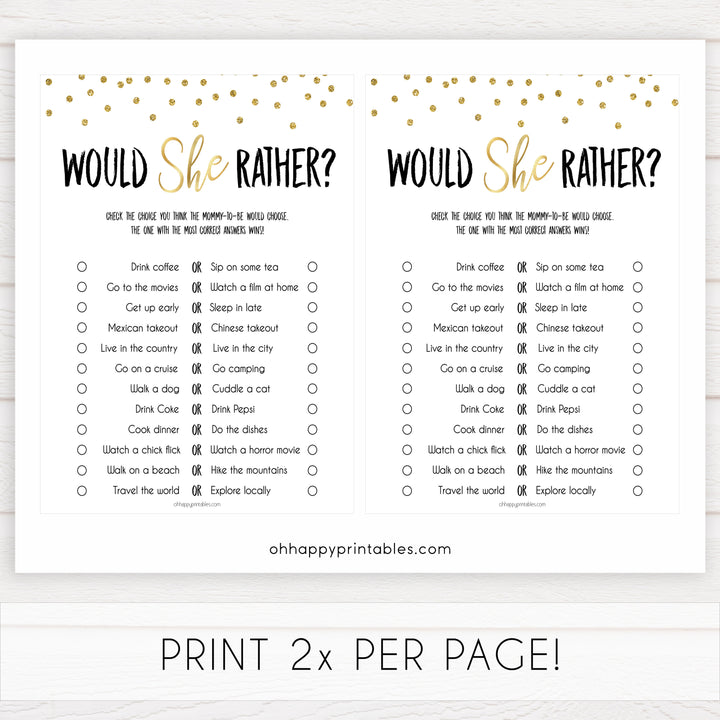 gold baby shower games, would she rather baby games, printable baby games, fun baby games, popular baby shower games