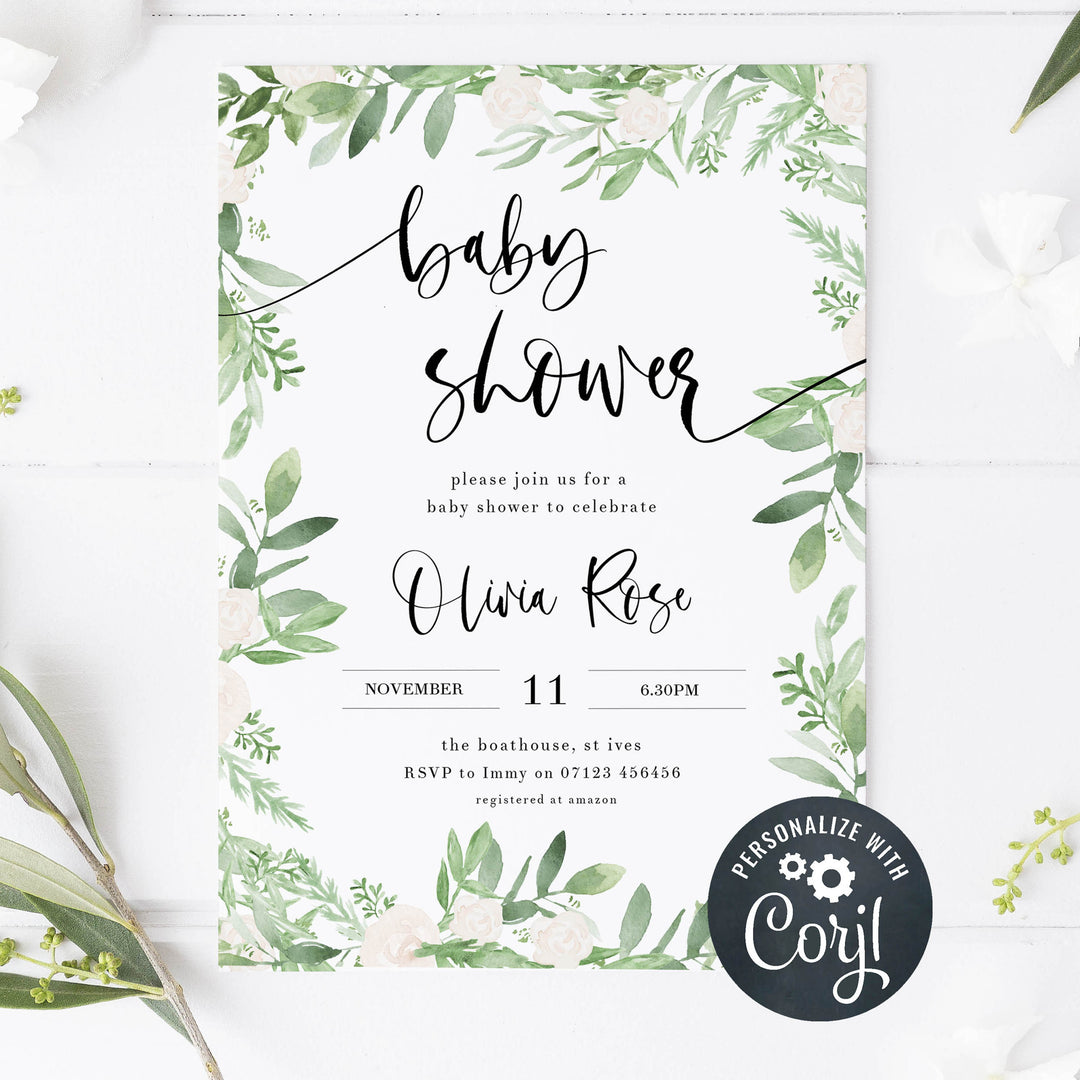 baby shower invitation, Editable baby shower invitations, printable baby shower invitations, green leaf baby shower invitations, botanical baby shower invitations, floral baby shower ideas, floral baby shower theme