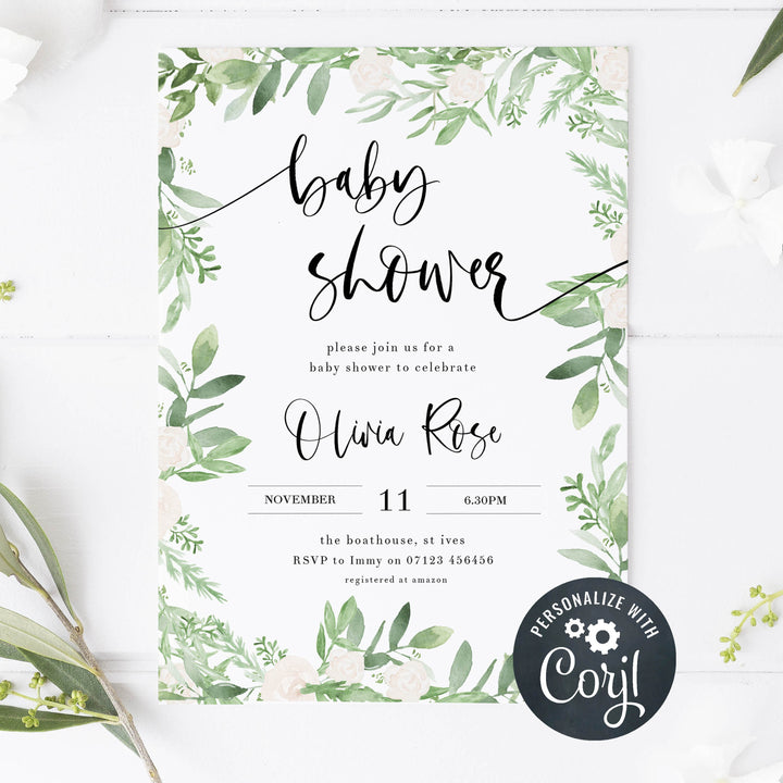 baby shower invitation, Editable baby shower invitations, printable baby shower invitations, green leaf baby shower invitations, botanical baby shower invitations, floral baby shower ideas, floral baby shower theme