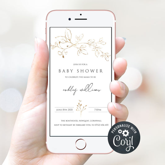 gold leaf baby shower theme, editable baby shower invitations, printable baby shower invitations, gold baby shower invites, gold baby shower mobile invites