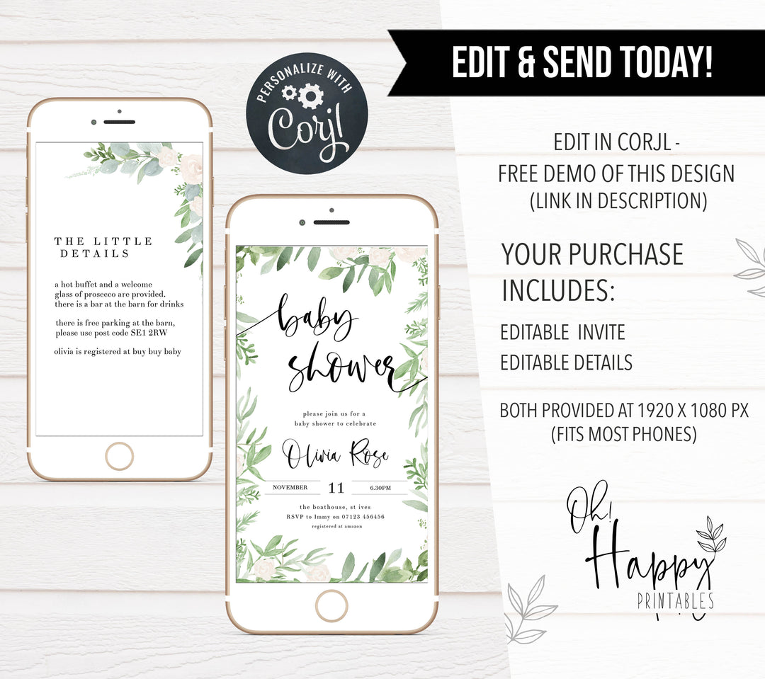 baby shower mobile invitations, Editable baby shower invitations, printable baby shower invitations, green leaf baby shower invitations, botanical baby shower invitations, floral baby shower ideas, floral baby shower theme
