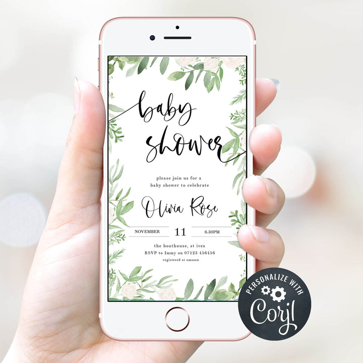baby shower mobile invitations, Editable baby shower invitations, printable baby shower invitations, green leaf baby shower invitations, botanical baby shower invitations, floral baby shower ideas, floral baby shower theme