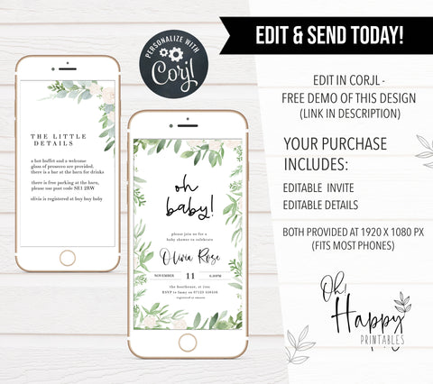 oh baby baby shower mobile invitation, Editable baby shower invitations, printable baby shower invitations, green leaf baby shower invitations, botanical baby shower invitations, floral baby shower ideas, floral baby shower theme