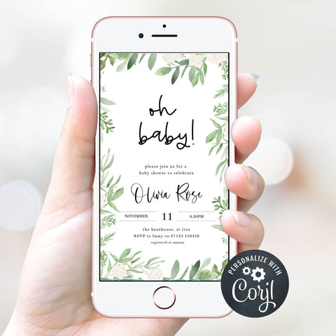 oh baby baby shower mobile invitation, Editable baby shower invitations, printable baby shower invitations, green leaf baby shower invitations, botanical baby shower invitations, floral baby shower ideas, floral baby shower theme