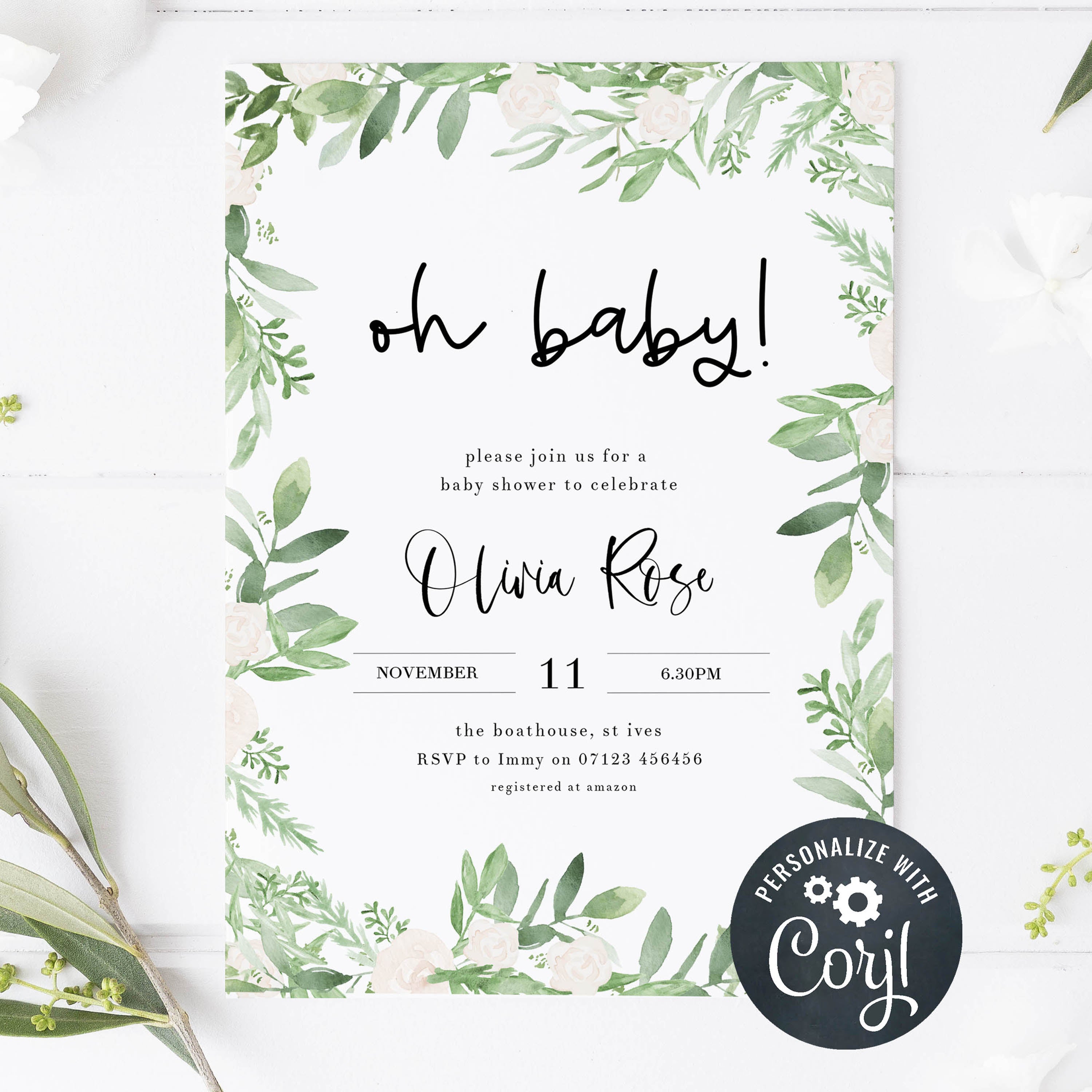 Oh baby baby shower invitation, Editable baby shower invitations, printable baby shower invitations, green leaf baby shower invitations, botanical baby shower invitations, floral baby shower ideas, floral baby shower theme