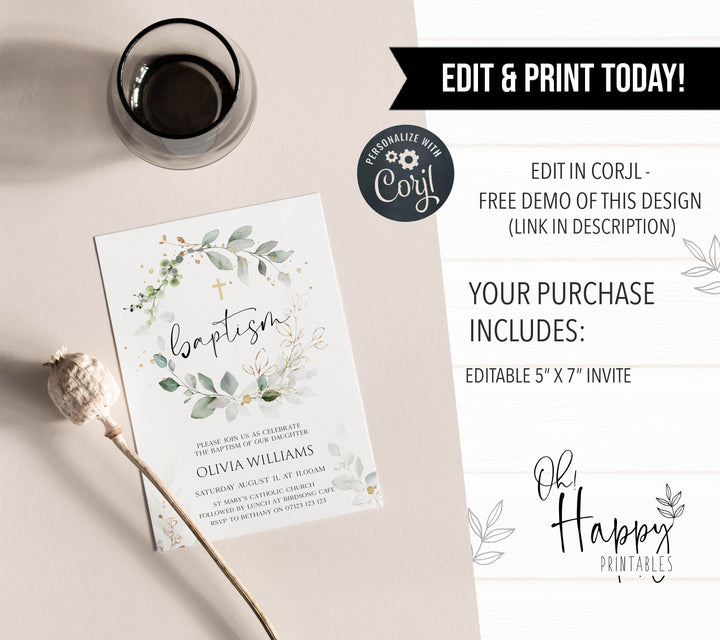 Flora wreath baptism invite, editable baptism invitation, baptism, printable baptism invitation