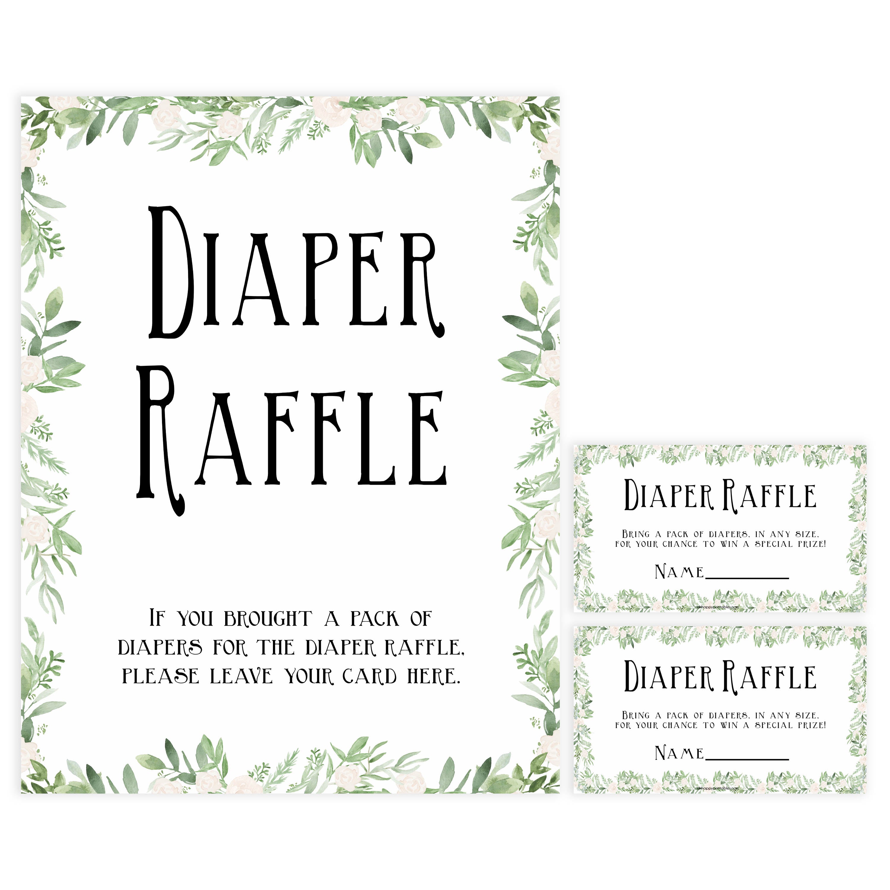 diaper raffle game, Printable baby shower games, greenery baby shower games, fun floral baby games, botanical baby shower games,