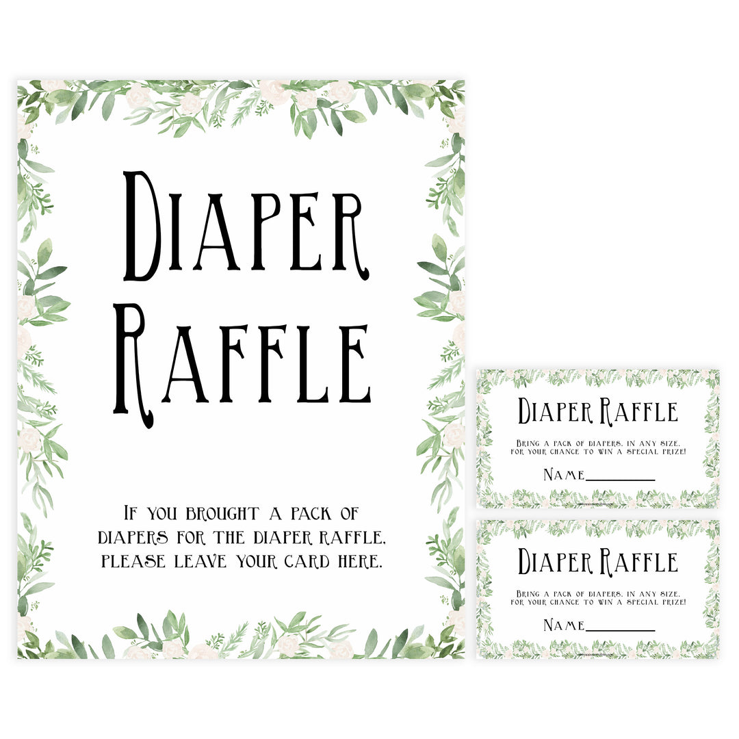 diaper raffle game, Printable baby shower games, greenery baby shower games, fun floral baby games, botanical baby shower games,