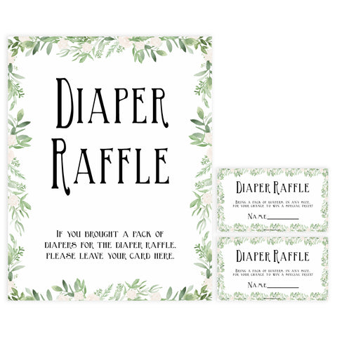 diaper raffle game, Printable baby shower games, greenery baby shower games, fun floral baby games, botanical baby shower games,