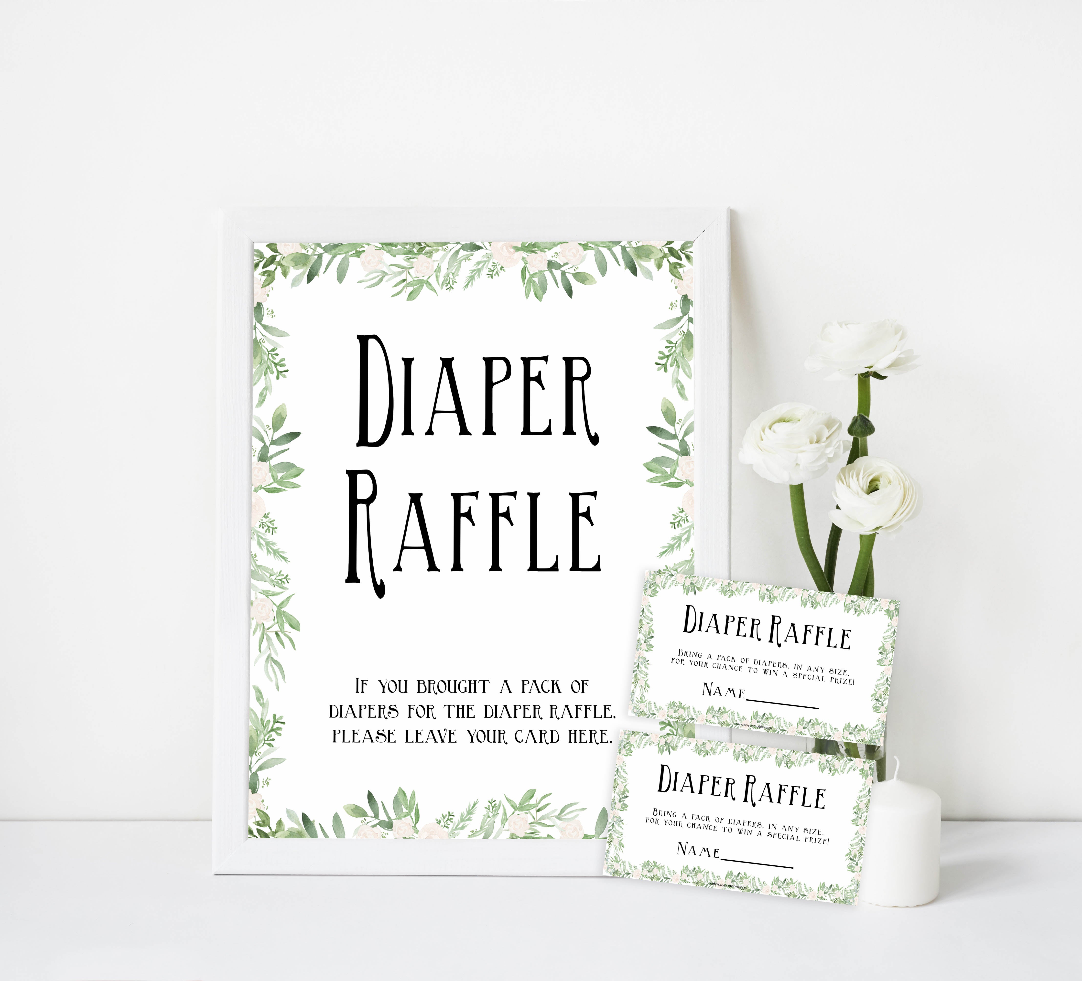 diaper raffle game, Printable baby shower games, greenery baby shower games, fun floral baby games, botanical baby shower games,