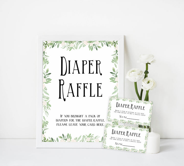 diaper raffle game, Printable baby shower games, greenery baby shower games, fun floral baby games, botanical baby shower games,