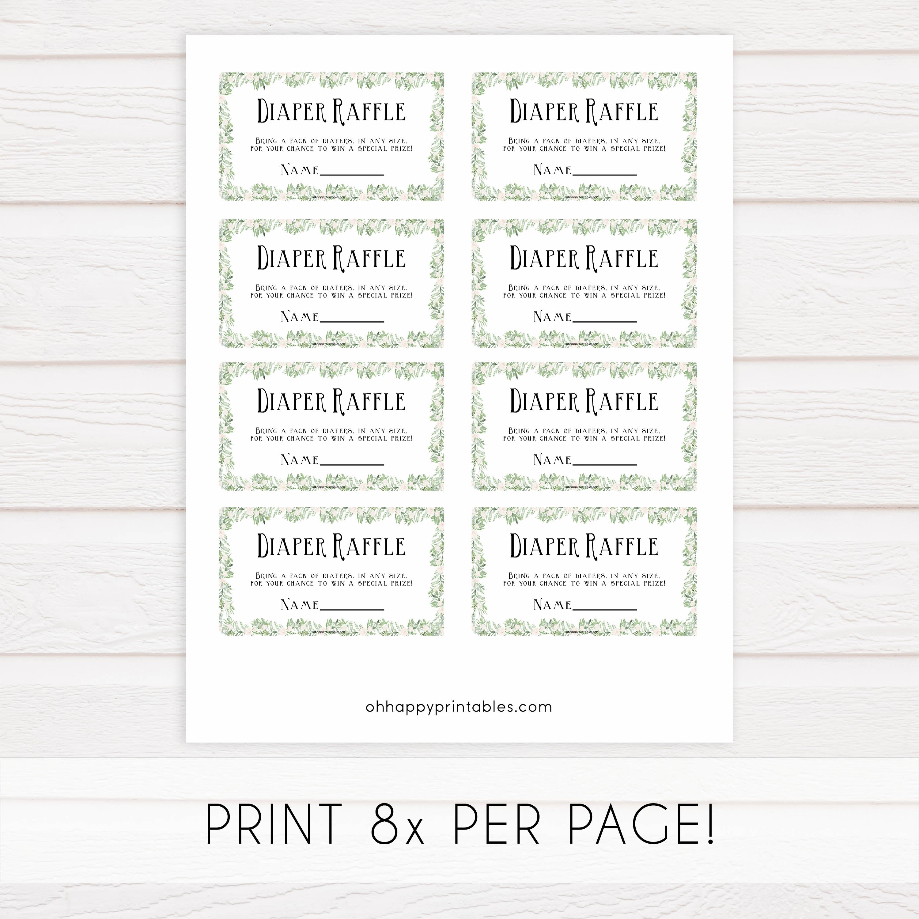 diaper raffle game, Printable baby shower games, greenery baby shower games, fun floral baby games, botanical baby shower games,