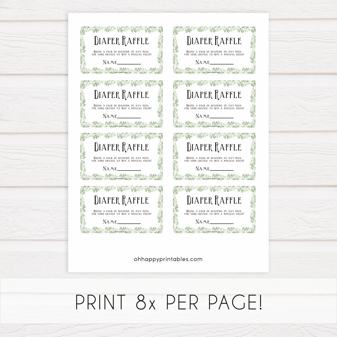 diaper raffle game, Printable baby shower games, greenery baby shower games, fun floral baby games, botanical baby shower games,