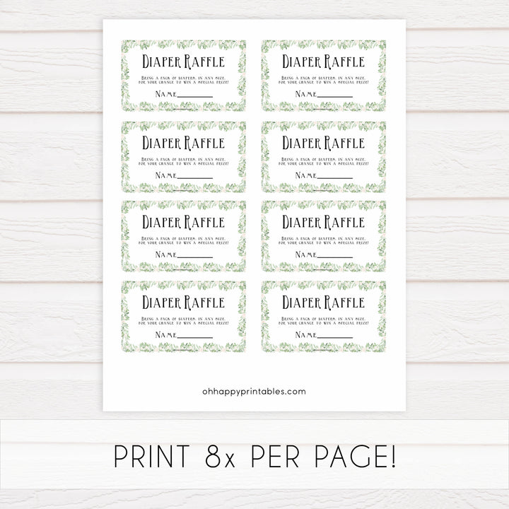 diaper raffle game, Printable baby shower games, greenery baby shower games, fun floral baby games, botanical baby shower games,
