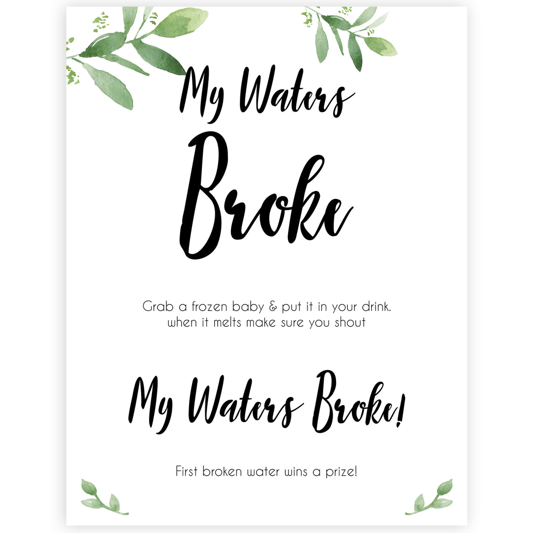 botanical my waters broke baby shower games, printable baby shower games, fun baby shower games, popular baby shower games