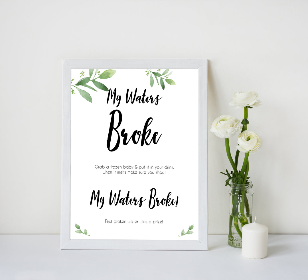 botanical my waters broke baby shower games, printable baby shower games, fun baby shower games, popular baby shower games