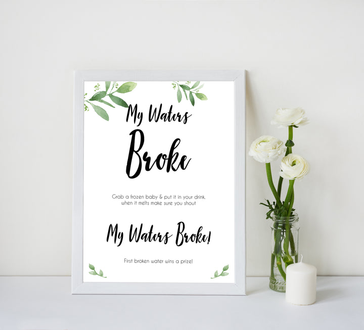 botanical my waters broke baby shower games, printable baby shower games, fun baby shower games, popular baby shower games