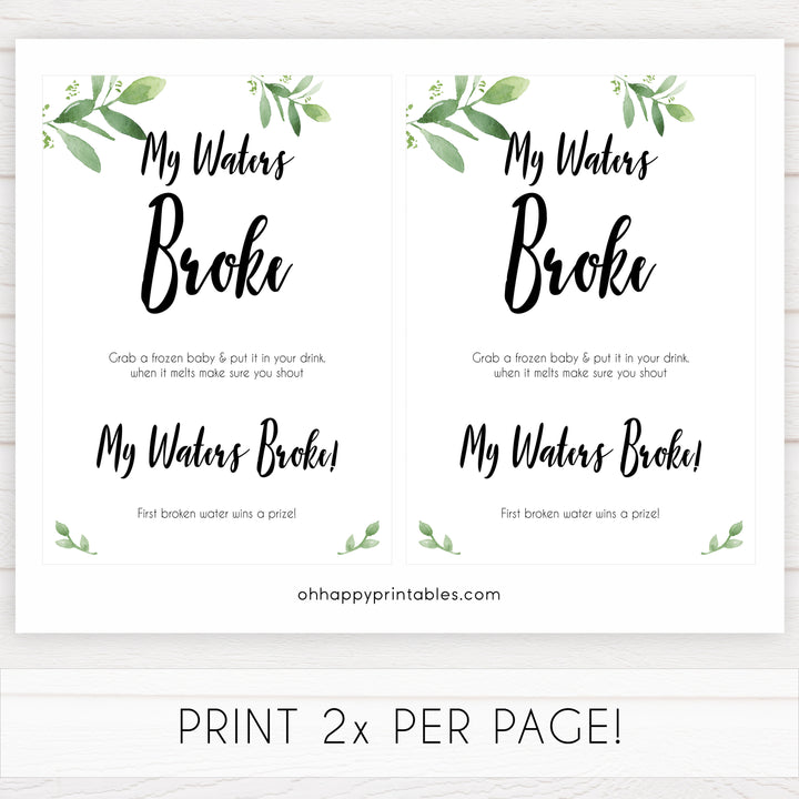 botanical my waters broke baby shower games, printable baby shower games, fun baby shower games, popular baby shower games