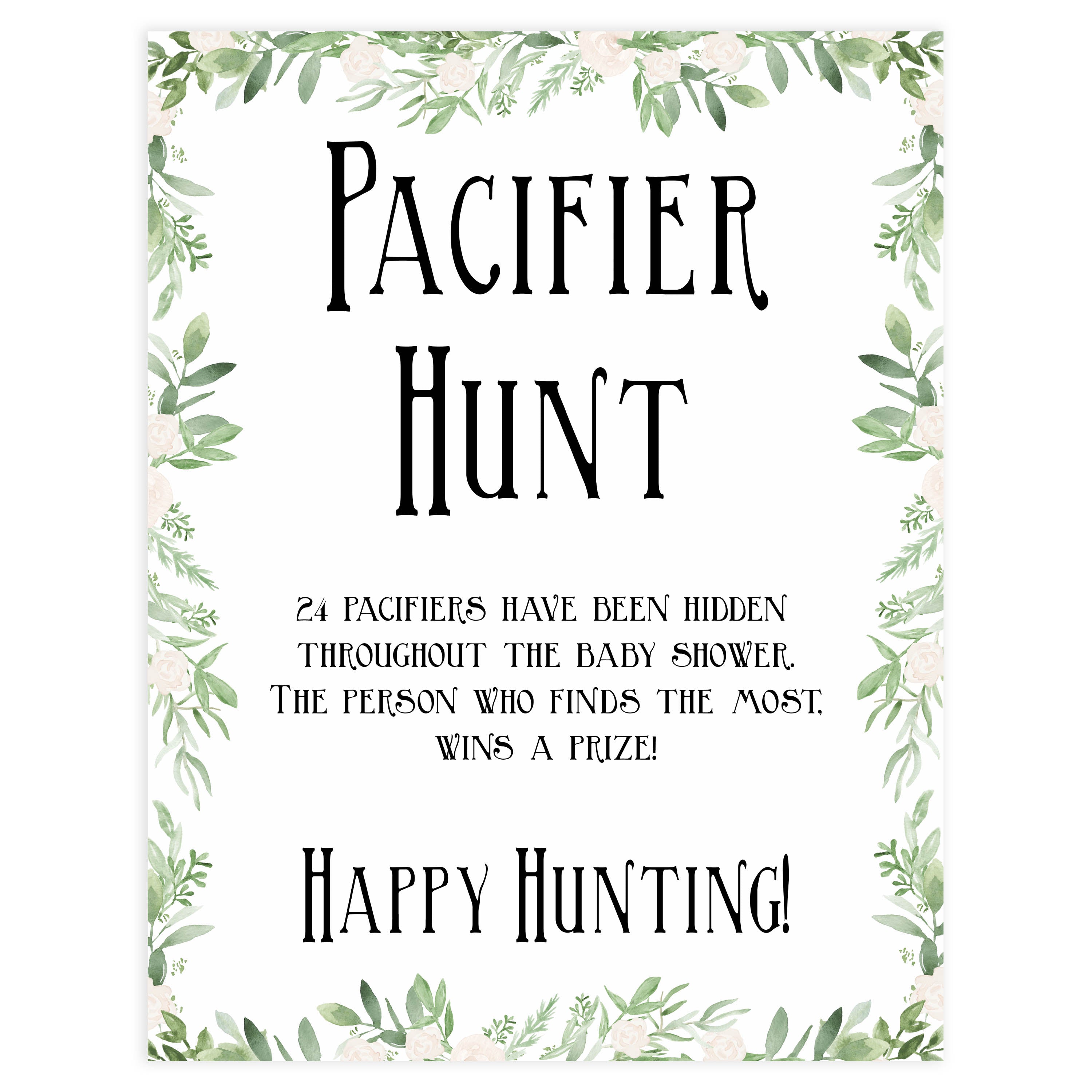 Pacifier hunt baby game, Printable baby shower games, greenery baby shower games, fun floral baby games, botanical baby shower games,