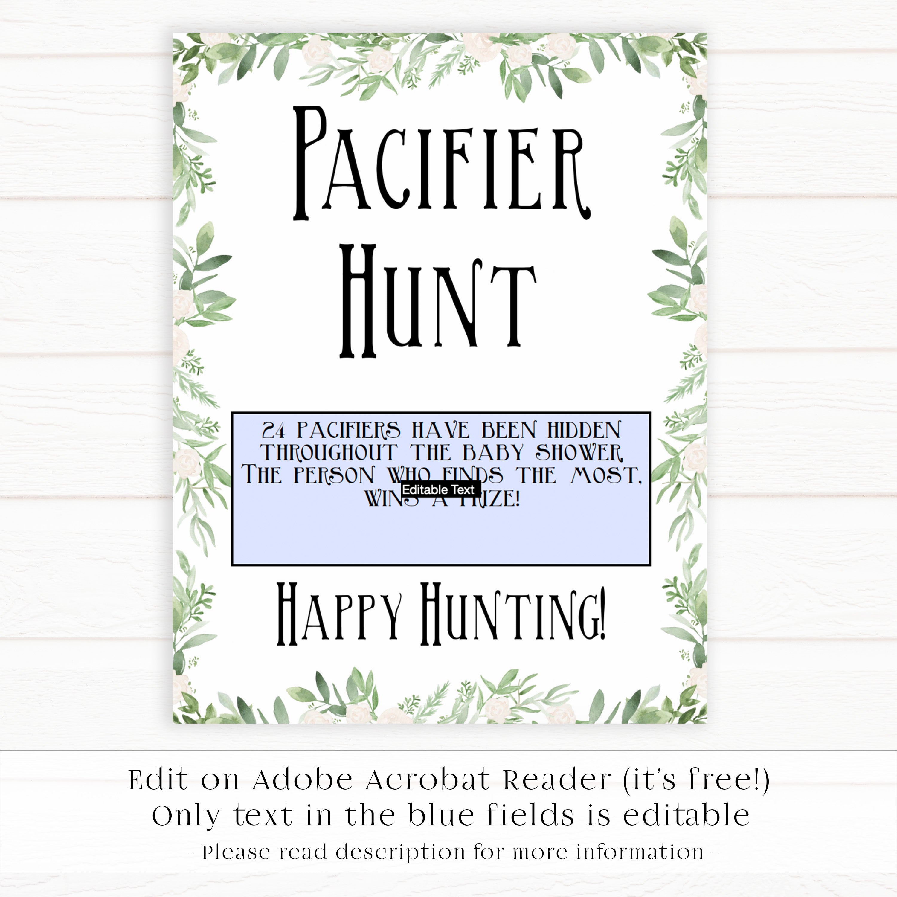 Pacifier hunt baby game, Printable baby shower games, greenery baby shower games, fun floral baby games, botanical baby shower games,