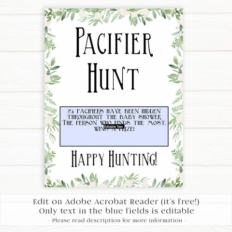 Pacifier hunt baby game, Printable baby shower games, greenery baby shower games, fun floral baby games, botanical baby shower games,