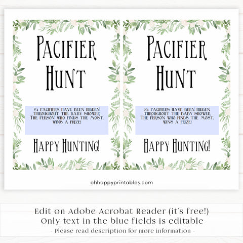Pacifier hunt baby game, Printable baby shower games, greenery baby shower games, fun floral baby games, botanical baby shower games,