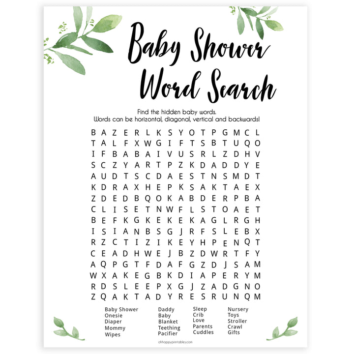 botanical baby games, word search baby game, floral baby shower, word search, printable baby games, top 10 baby games, popular baby games