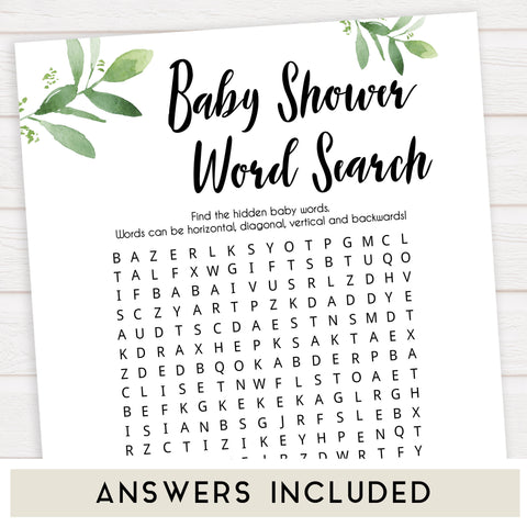 botanical baby games, word search baby game, floral baby shower, word search, printable baby games, top 10 baby games, popular baby games
