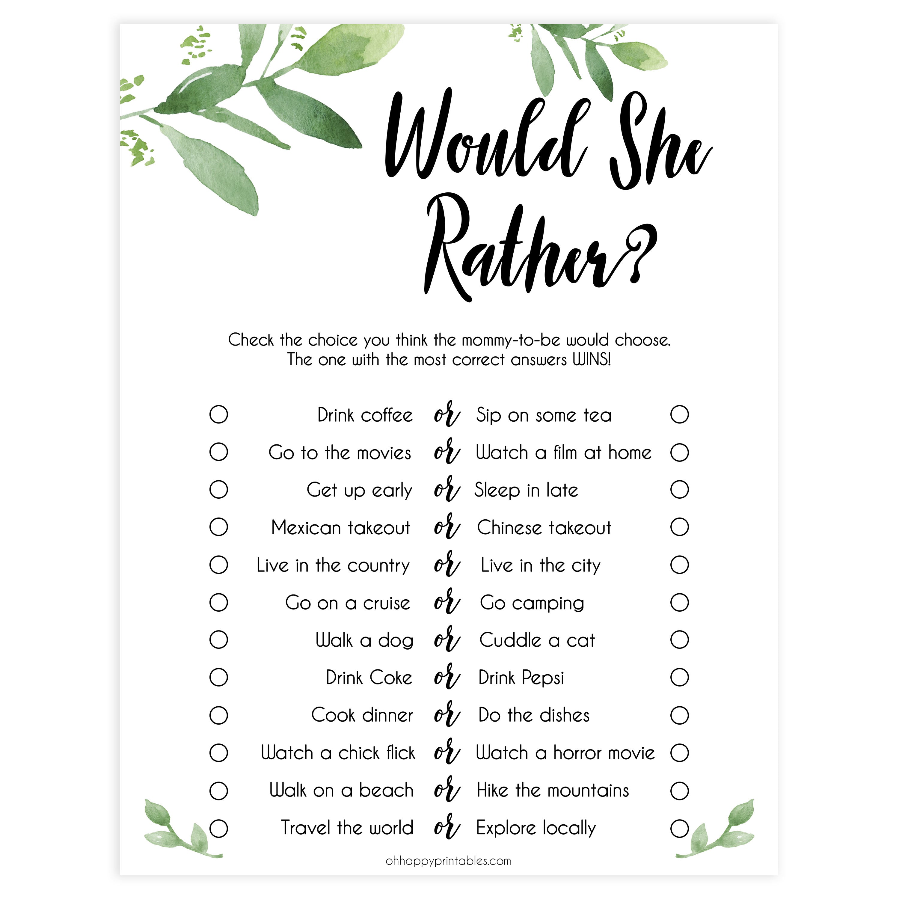 would she rather baby game, baby would she rather, Printable baby shower games, botanical baby shower games, floral baby shower ideas, fun baby shower ideas