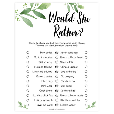 would she rather baby game, baby would she rather, Printable baby shower games, botanical baby shower games, floral baby shower ideas, fun baby shower ideas