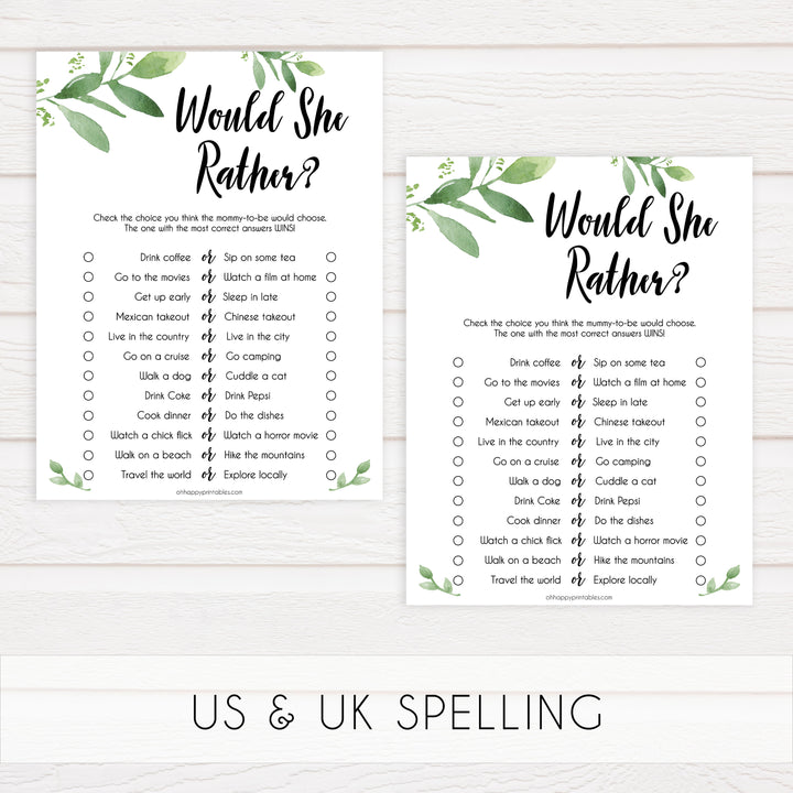 would she rather baby game, baby would she rather, Printable baby shower games, botanical baby shower games, floral baby shower ideas, fun baby shower ideas